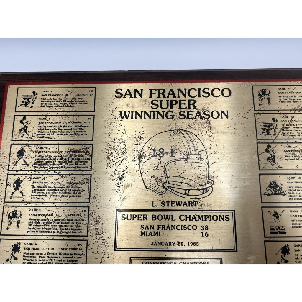 1984 SF 49ers Super Bowl XIX Team Issued Plaque - L. Stewart - Trophy Masters SF