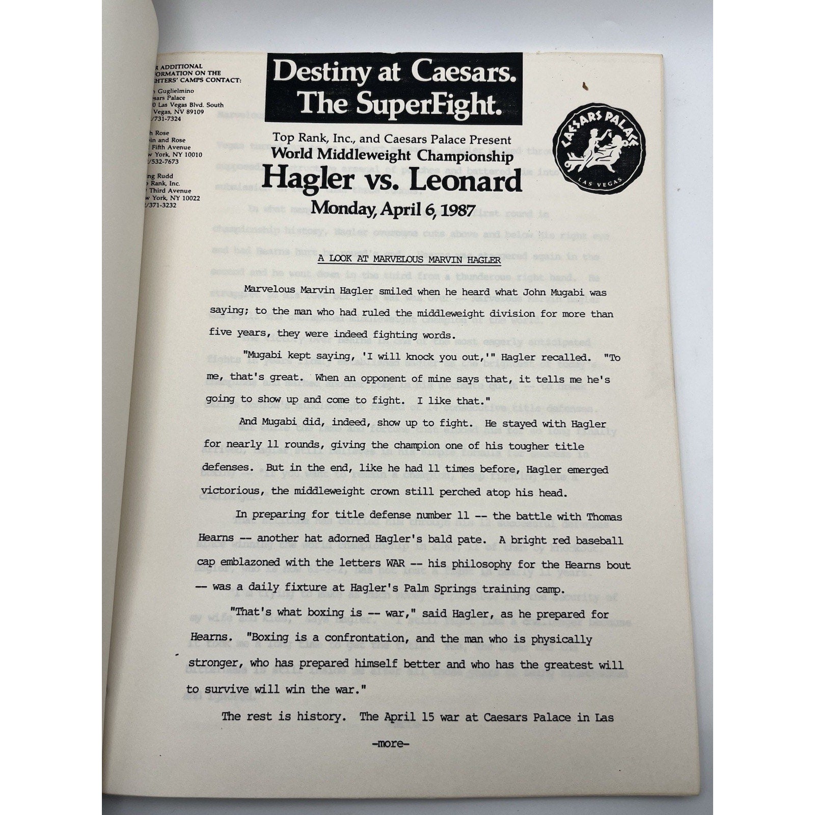Official Marvelous Marvin Hagler vs Sugar Ray Leonard 1987 Press Media Kit