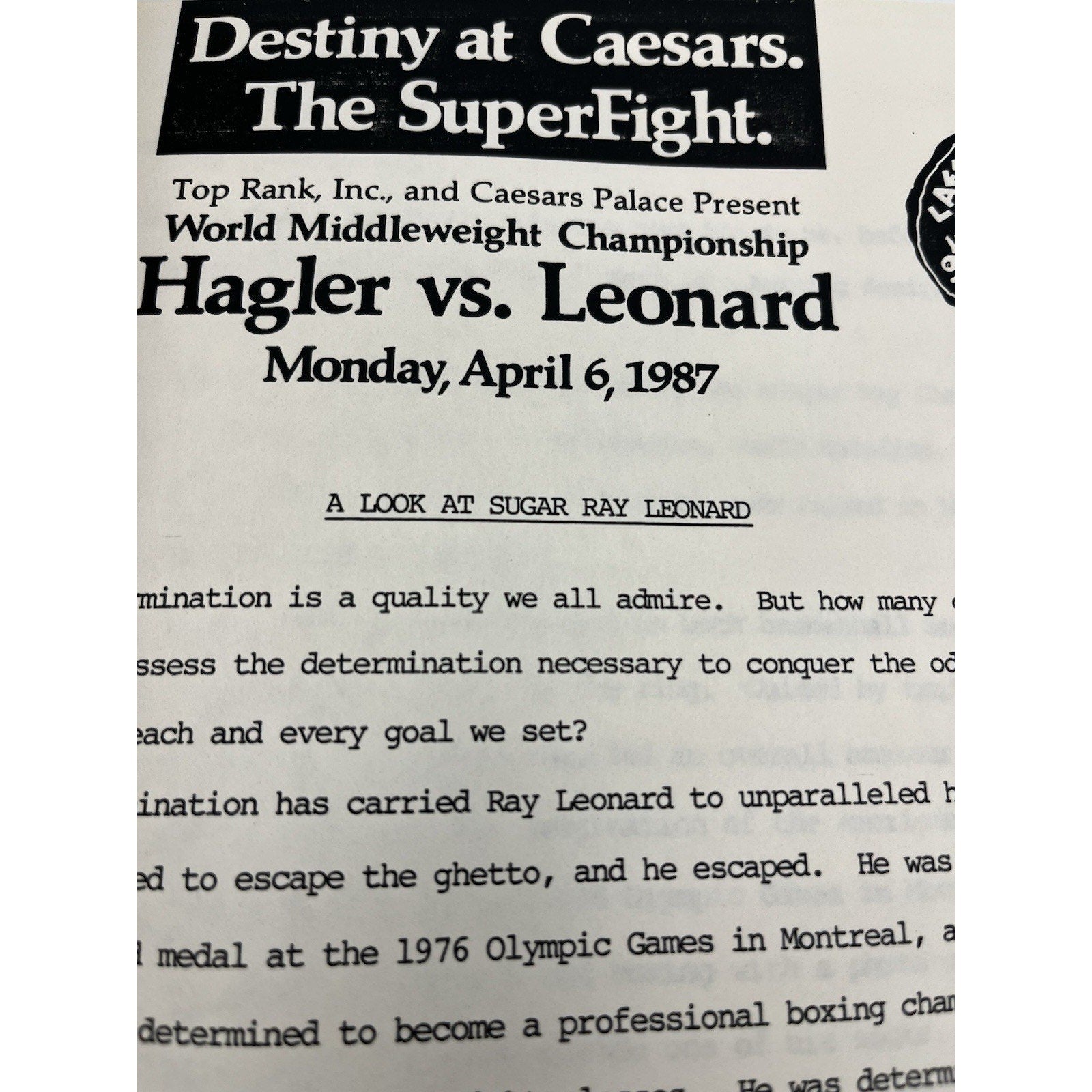 Official Marvelous Marvin Hagler vs Sugar Ray Leonard 1987 Press Media Kit