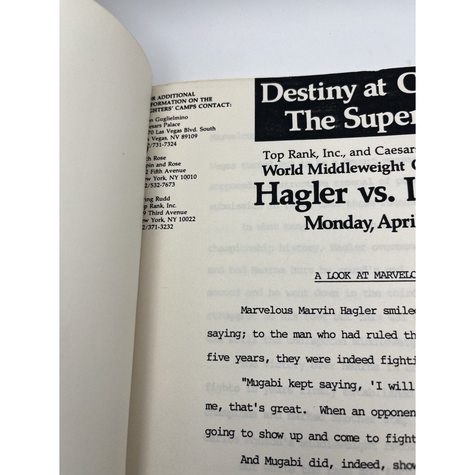 Official Marvelous Marvin Hagler vs Sugar Ray Leonard 1987 Press Media Kit