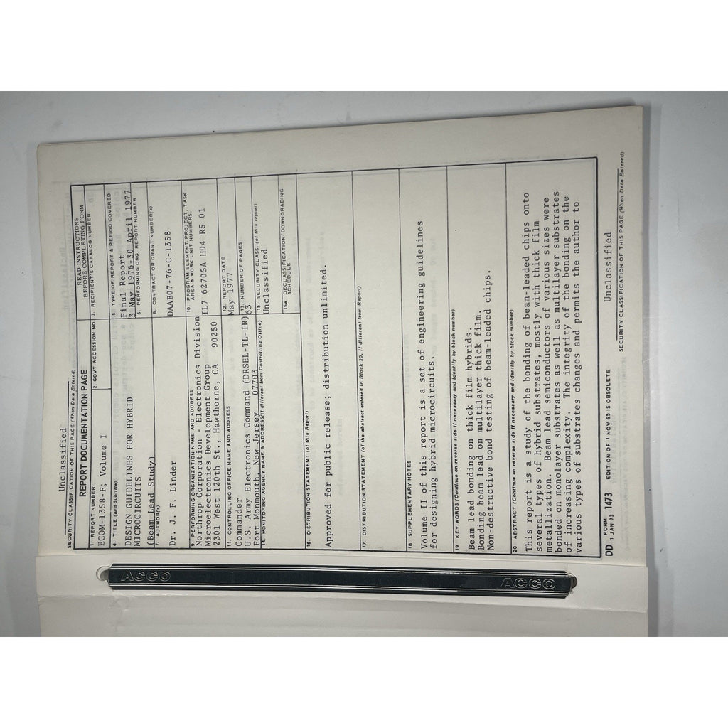 1977 Northrop Corp Hybrid Microelectronics Beam Lead Study Army Report ECOM sign