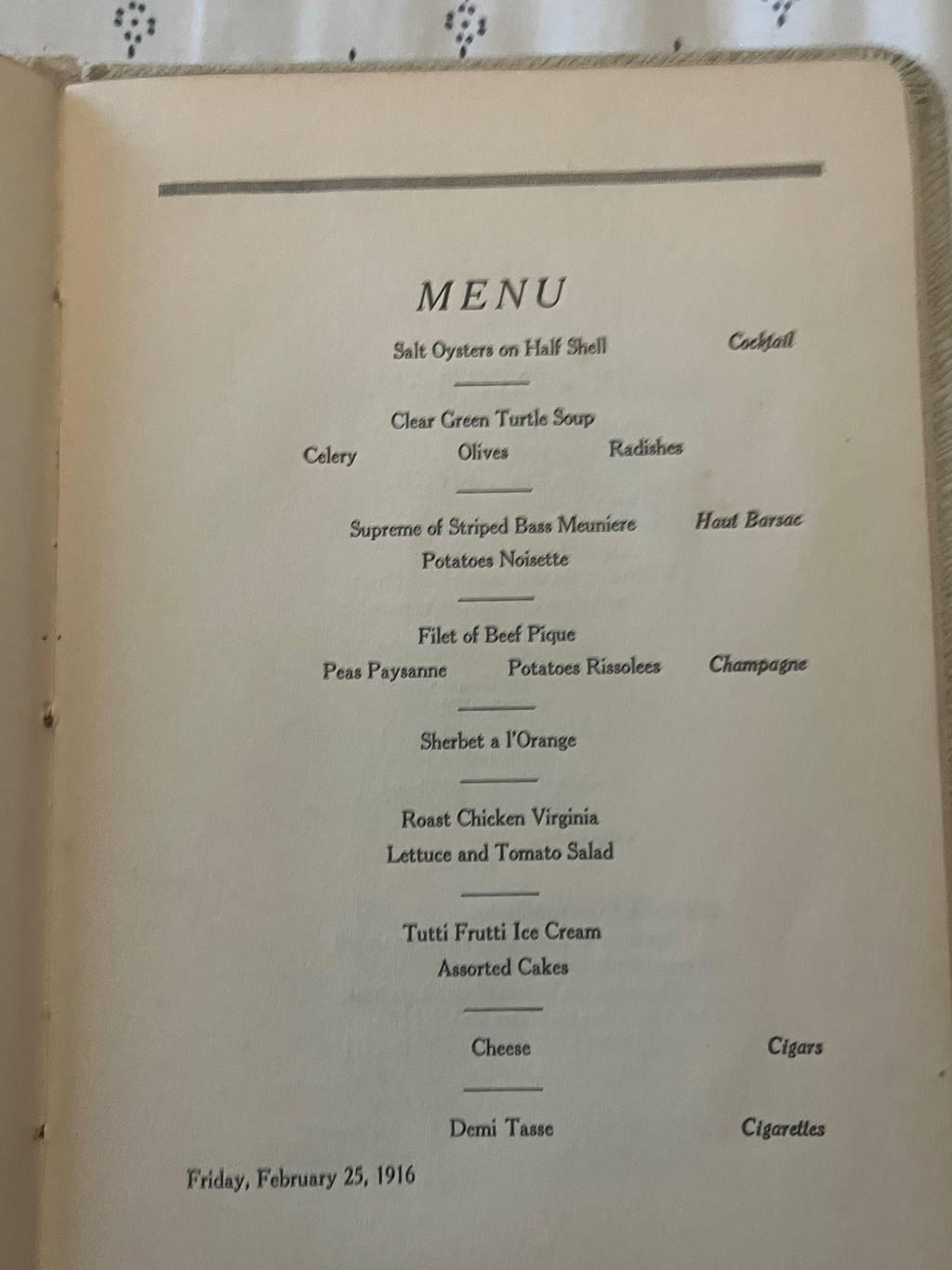 1916 Autographed Dupont National Sales Convention Dinner Menu
