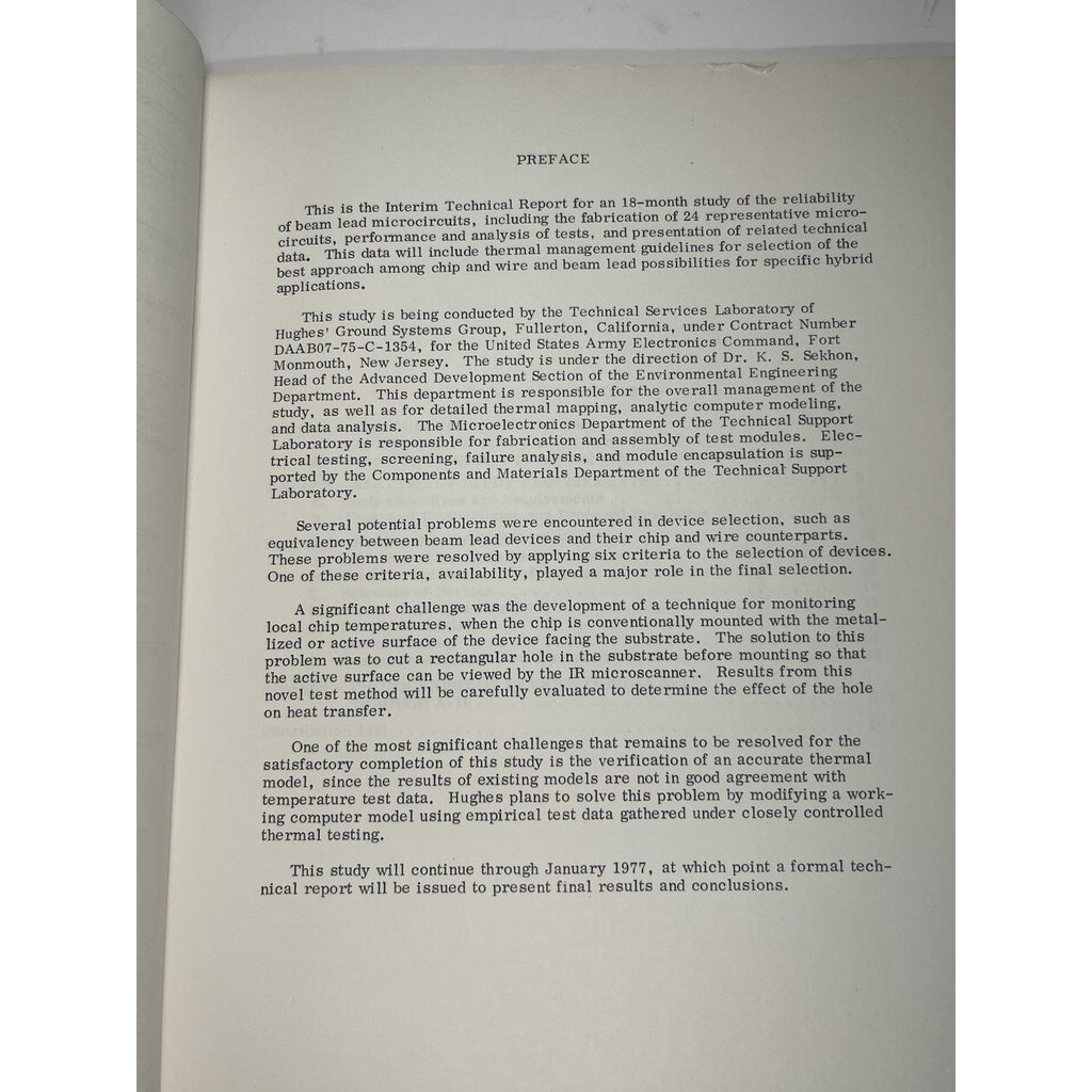 1976 Hughes Aircraft Reliability Beam Lead Microcircuits Army Tech Report ECOM