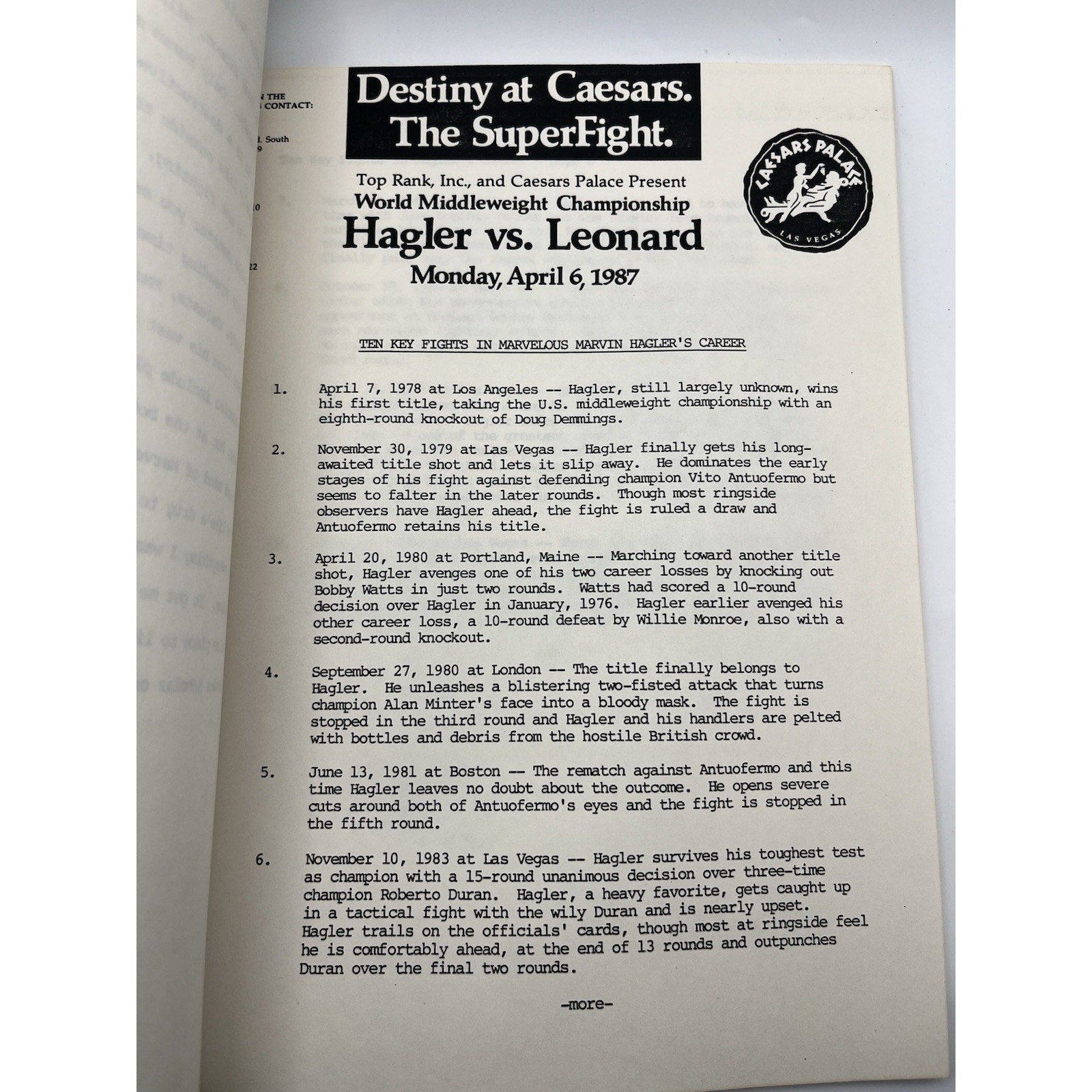 Official Marvelous Marvin Hagler vs Sugar Ray Leonard 1987 Press Media Kit
