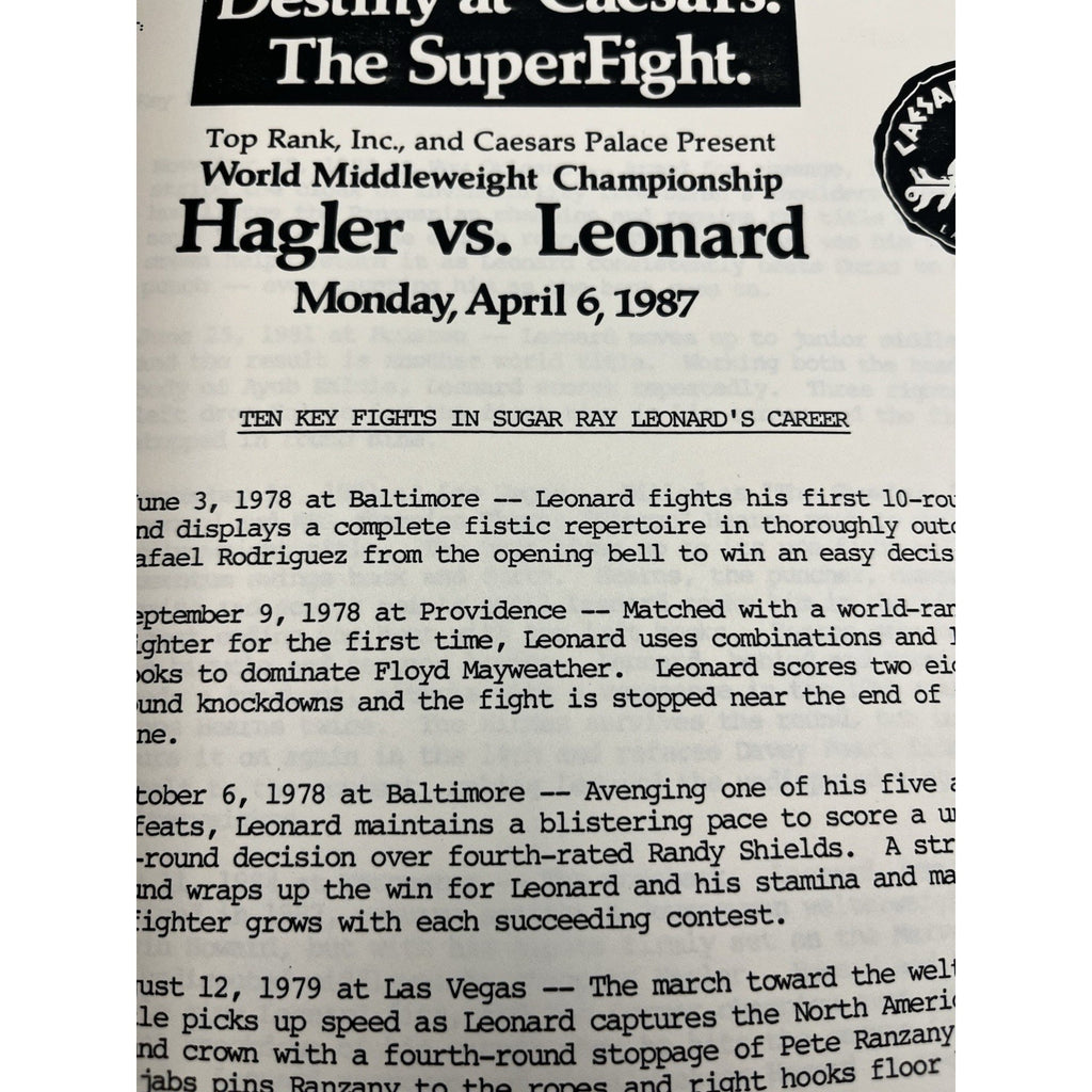 Official Marvelous Marvin Hagler vs Sugar Ray Leonard 1987 Press Media Kit