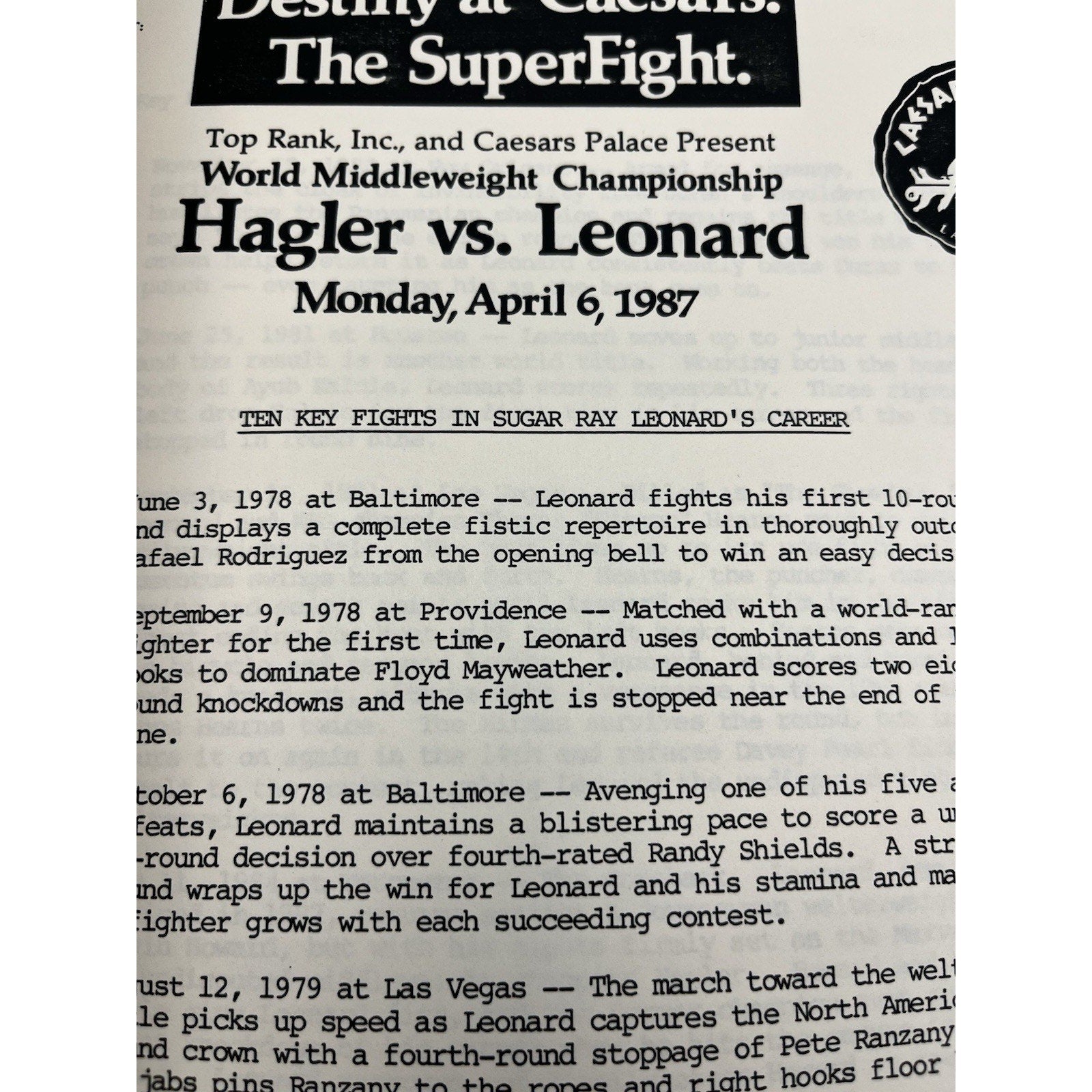 Official Marvelous Marvin Hagler vs Sugar Ray Leonard 1987 Press Media Kit