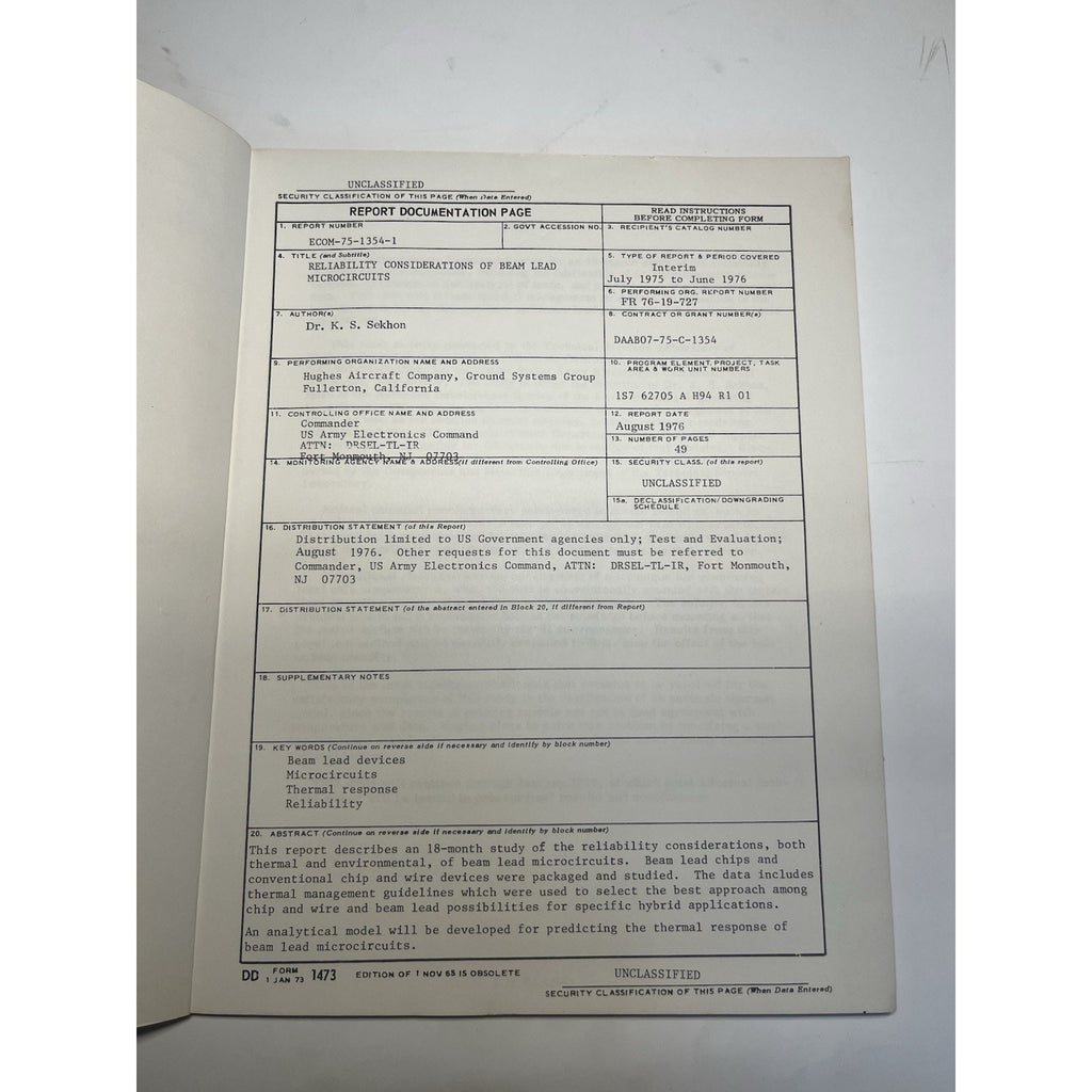 1976 Hughes Aircraft Reliability Beam Lead Microcircuits Army Tech Report ECOM