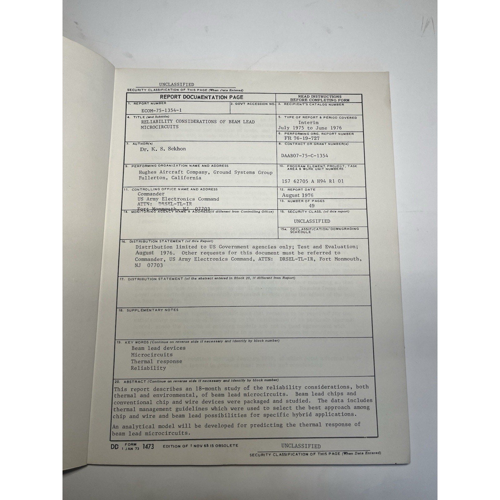 1976 Hughes Aircraft Reliability Beam Lead Microcircuits Army Tech Report ECOM