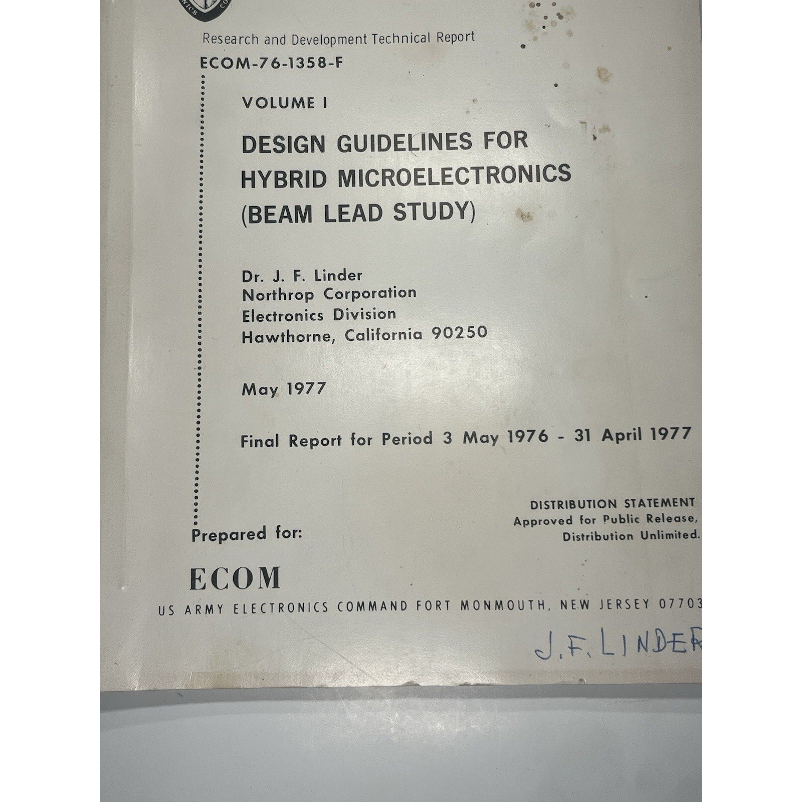 1977 Northrop Corp Hybrid Microelectronics Beam Lead Study Army Report ECOM sign