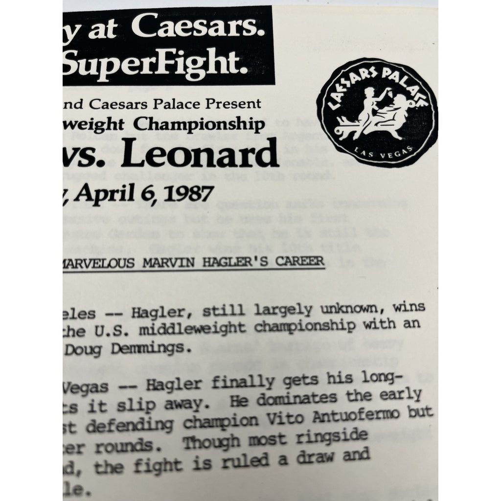 Official Marvelous Marvin Hagler vs Sugar Ray Leonard 1987 Press Media Kit