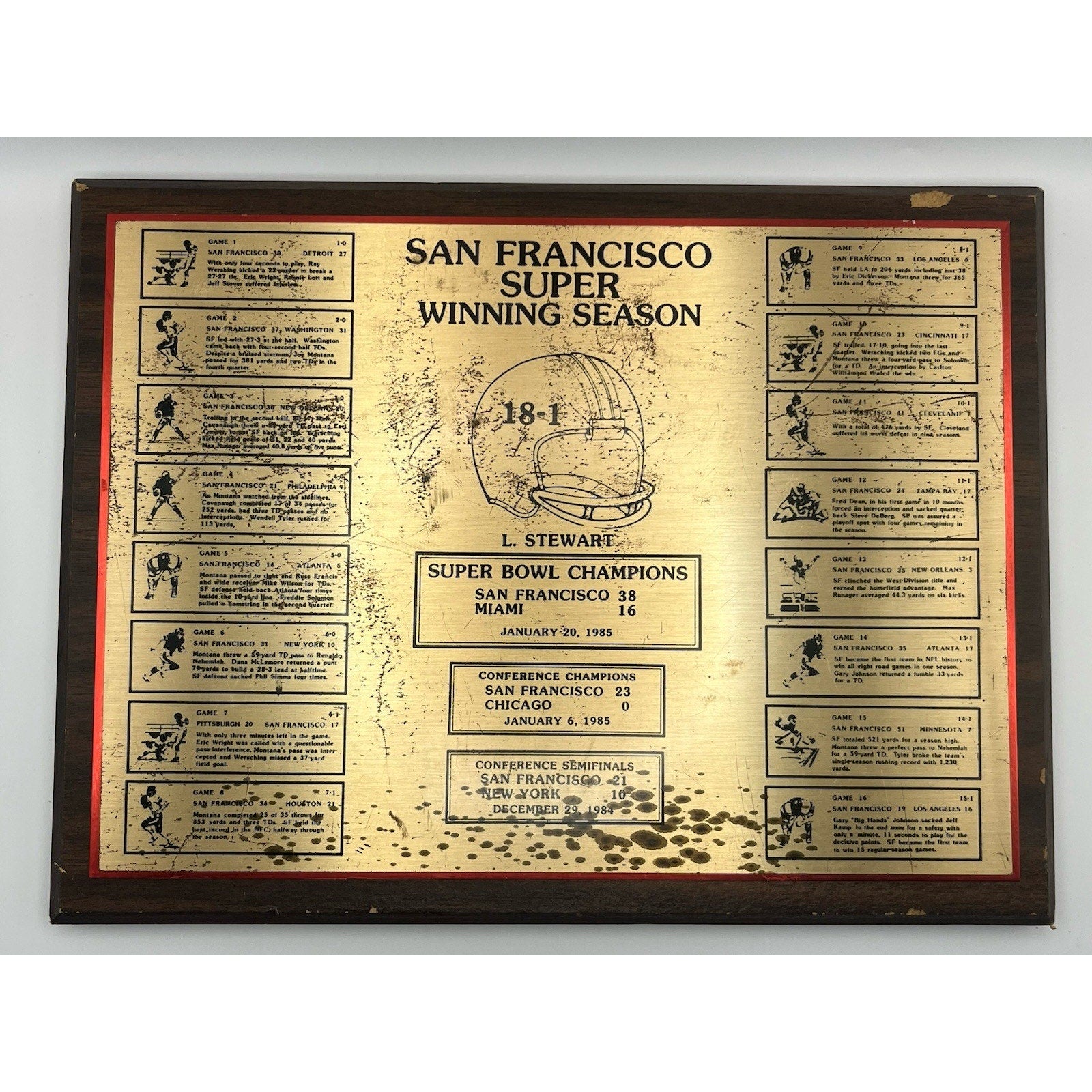 1984 SF 49ers Super Bowl XIX Team Issued Plaque - L. Stewart - Trophy Masters SF
